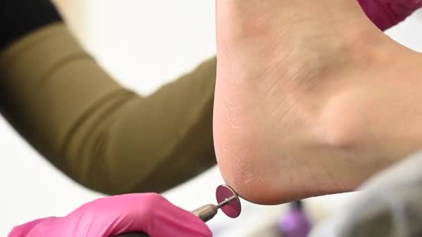 Kobieta Profesjonalnym Zabiegu Pedicure Przez Ścierny Dysk Maszyny Salonie Piękności — Wideo stockowe
