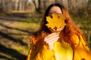 Kızıl saçlı beyaz kadın düşmüş bir akçaağaç yaprağını tutuyor. Sonbahar Yürüyüşü