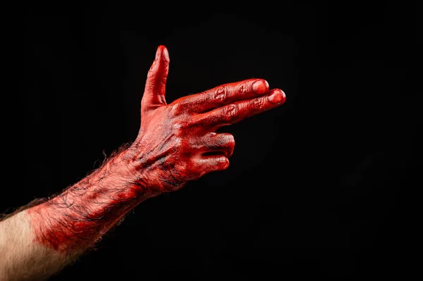 Sangriento Gesto Mano Masculina Muestra Arma Contra Fondo Negro —  Fotos de Stock