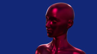 Mavi arka planda kırmızı kel bir kadının 3D portresi