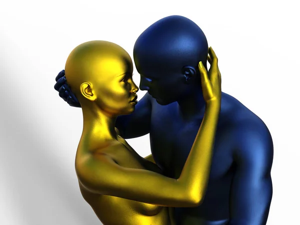 Vykreslení Portrét Zlaté Ženy Modrého Muže Objímání — Stock fotografie