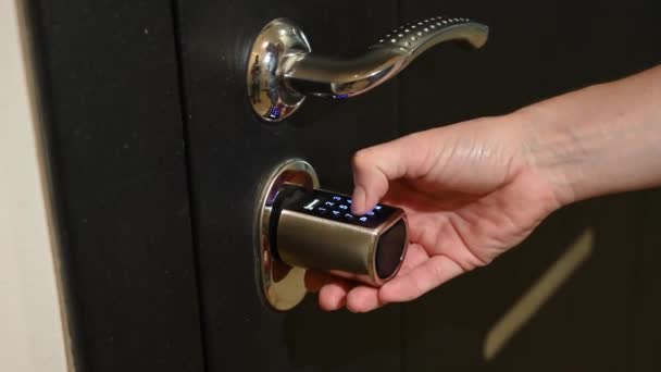 Woman Closes Combination Lock Door Apartment Keyless Entry — Stock Video