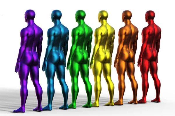 3Dレンダリング 裸の多色の男の行は白い背景に背を向けて立つ — ストック写真