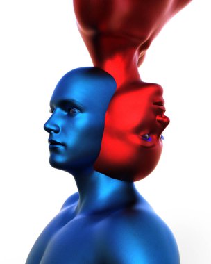 3 boyutlu görüntüleme. Beyaz arka planda bir erkek mavi kafa ve kırmızı bir kadının birleşmesi.