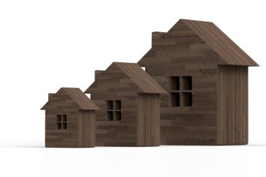 3 boyutlu illüstrasyon. Beyaz arka planda, farklı boyutlarda siyah ahşaptan yapılmış üç ev.