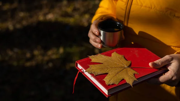 Жінка Тримає Термос Гарячого Чаю Червона Книга Жовтий Кленовий Лист — стокове фото