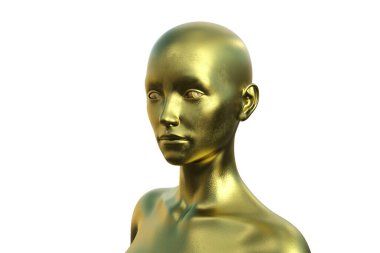 Beyaz arka planda altın rengi kel bir kadının 3 boyutlu portresi.