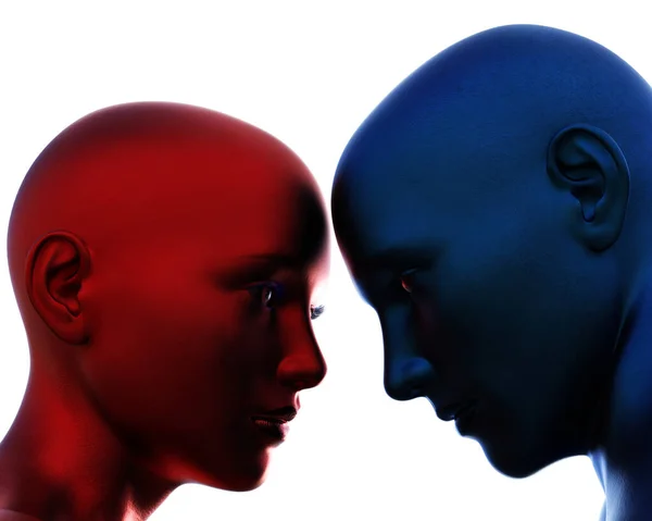 3d render. Portrait of blue bald man and red bald woman on white background