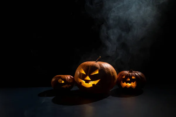 Pumpkins Carved Grimaces Candles Dark Halloween Jack Latern Smoke — Stock Photo, Image