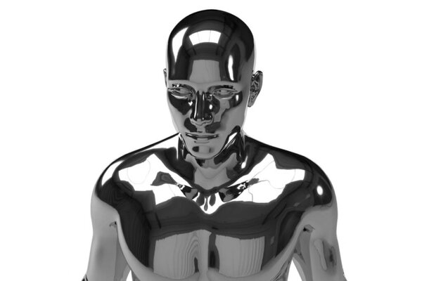 3d иллюстрация мужской лысой серебряной головы на белом фоне. Металлический манекен