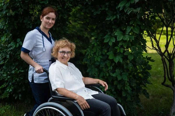 Blanke Vrouwelijke Arts Loopt Met Een Oudere Patiënt Een Rolstoel — Stockfoto