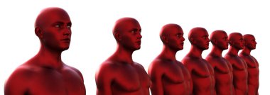 3 boyutlu görüntüleme. Beyaz arka planda kırmızı metalik kel erkek başları.