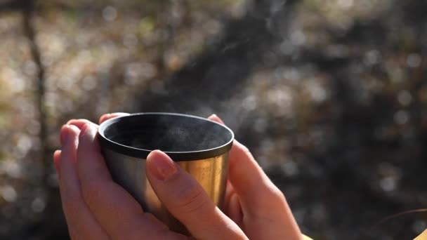 Woman Holds Thermos Hot Tea Her Hands Cold Autumn Day — Stock Video