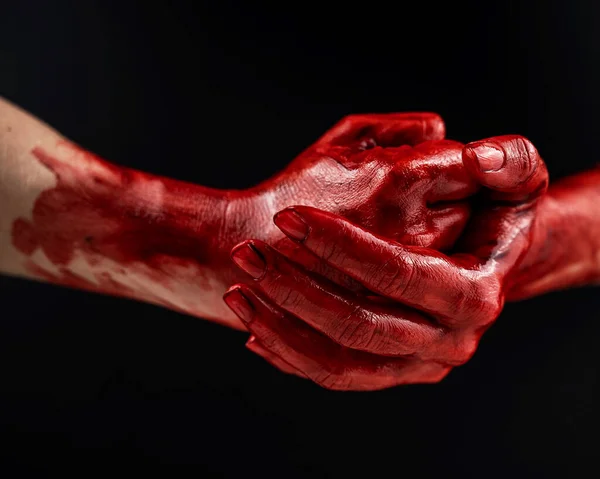 Woman Holding Blood Stained Palms Together Black Background — Stock Photo, Image