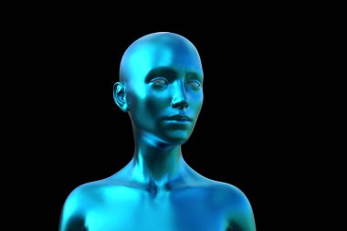 3 boyutlu illüstrasyon. Siyah arka planda mavi kel bir kadının portresi.