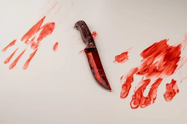 Bloody Knife Hand Prints Blood White Table — Stock Photo, Image