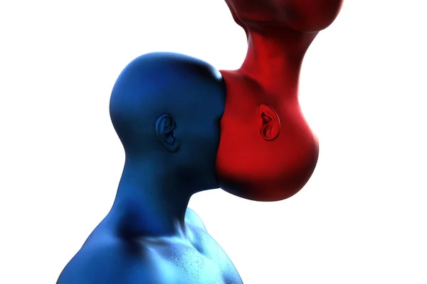 Darstellung Verschmelzung Eines Männlichen Blauen Und Eines Roten Weiblichen Kopfes — Stockfoto