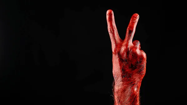 Close Male Bloody Palm Showing Two Fingers Black Background — Stock Photo, Image