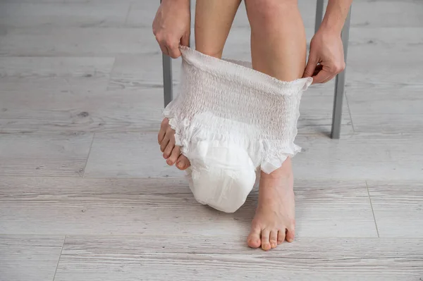 Woman Puts Adult Diaper Incontinence Problems — Stock Photo, Image