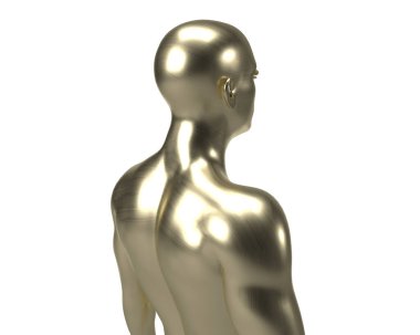 Beyaz arka planda erkek altın bir gövdenin üç boyutlu çizimi. Metal manken