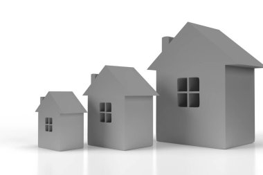 3 boyutlu illüstrasyon. Beyaz arka planda farklı boyutlarda üç gri ev.