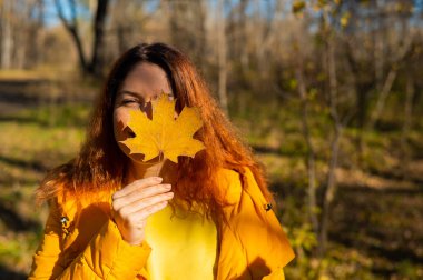 Kızıl saçlı beyaz kadın düşmüş bir akçaağaç yaprağını tutuyor. Sonbahar Yürüyüşü
