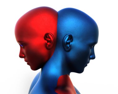 3 boyutlu görüntüleme. Beyaz arka planda bir erkek mavi kafa ve kırmızı bir kadının birleşmesi.