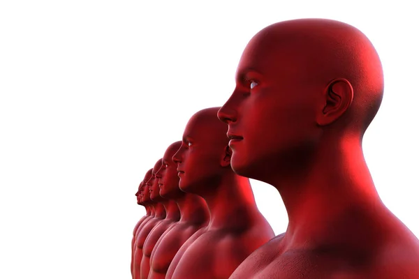 Darstellung Reihe Roter Metallischer Männerköpfe Auf Weißem Hintergrund — Stockfoto