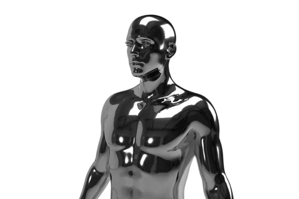 白色背景上的男性银色躯干的3D图像 金属人体模型 — 图库照片