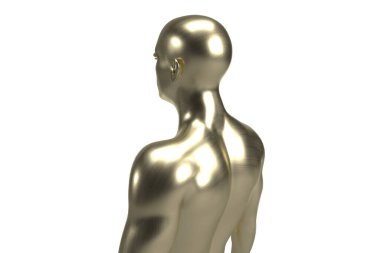 Beyaz arka planda erkek altın bir gövdenin üç boyutlu çizimi. Metal manken