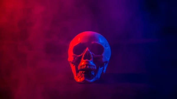 Emberi Koponya Rózsaszín Kék Füstben Fekete Háttérrel Halloweeni — Stock Fotó