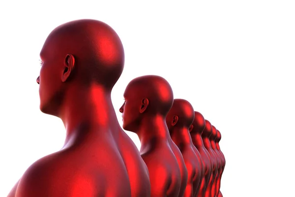 Boyutlu Görüntüleme Beyaz Arka Planda Kırmızı Metalik Kel Erkek Başları — Stok fotoğraf