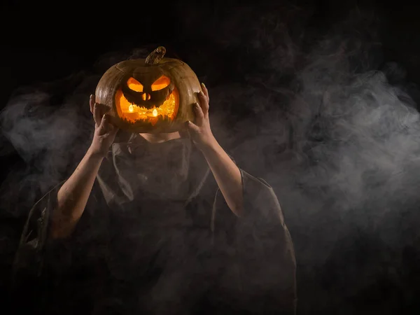 Pumpkin Jack Linterna Lugar Una Cabeza Mujer Halloween — Foto de Stock
