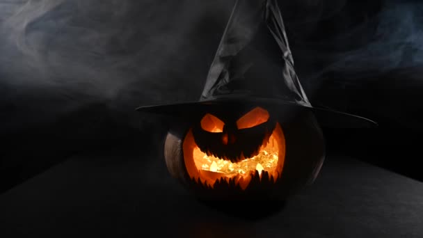 Creepy Pumpkin Carved Grimace Smoke Jack Lantern Dark — Stock Video