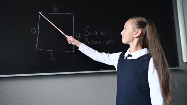 Kaukasische Schülerin Mit Brille Antwortet Der Tafel Die Mit Einem — Stockvideo