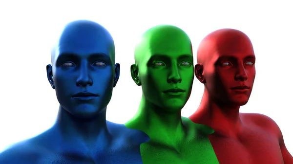 Tre Uomini Calvi Blu Verde Rosso Sfondo Bianco Illustrazione — Foto Stock