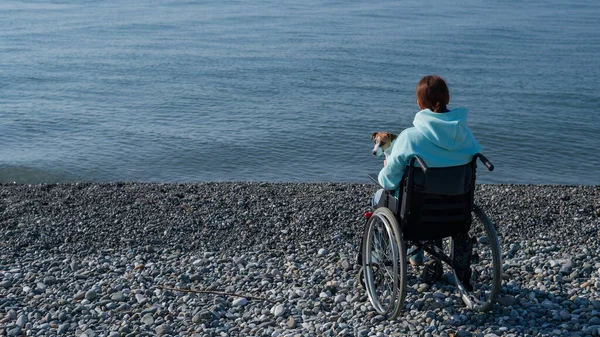 Una Serena Donna Caucasica Una Sedia Rotelle Riposa Sulla Riva — Foto Stock