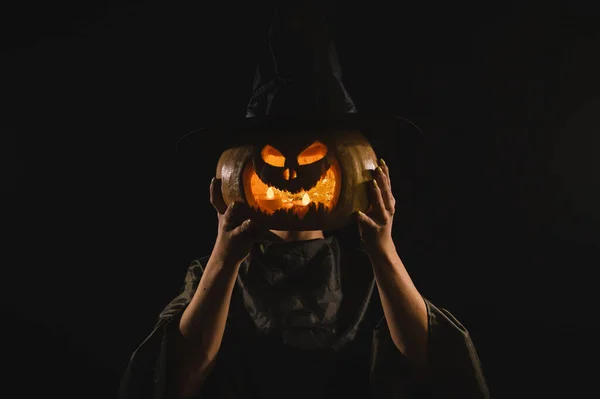 Pumpkin Jack Lantern Instead Womans Head Halloween — Stock Photo, Image