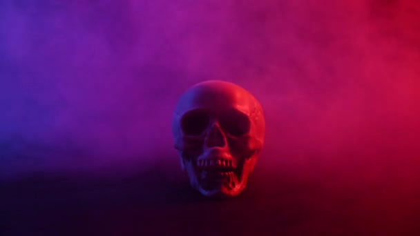 ピンク色の人間の頭蓋骨と黒い背景の青い煙 ハロウィン — ストック動画