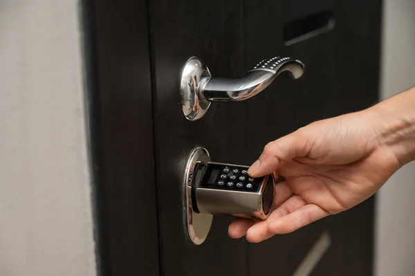 Woman Opens Combination Lock Door Apartment Keyless Entry — Stock Photo, Image
