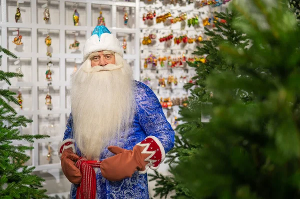 Ruský Santa Claus Vybírá Dekorace Pro Vánoční Stromeček Obchodě — Stock fotografie