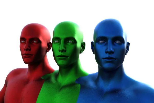 Tres Hombres Calvos Azul Verde Rojo Sobre Fondo Blanco Ilustración — Foto de Stock