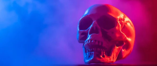 stock image Human skull in pink and blue smoke on a black background. Halloween