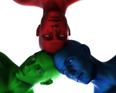 Üç boyutlu model. Birbiri ardına büyüyen üç renkli erkek kafası. grup zihni