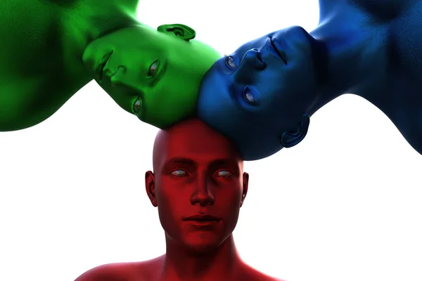 3Dモデル 3つの多色の男性の頭が互いに成長しています グループ マインド — ストック写真