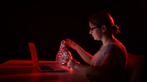 Paranoid Caucasian Woman Puts Tinfoil Hat Working Computer Conspiracy Theory — Stock Video