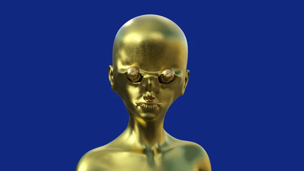 Golden Humanóide Alienígena Careca Fundo Azul — Fotografia de Stock