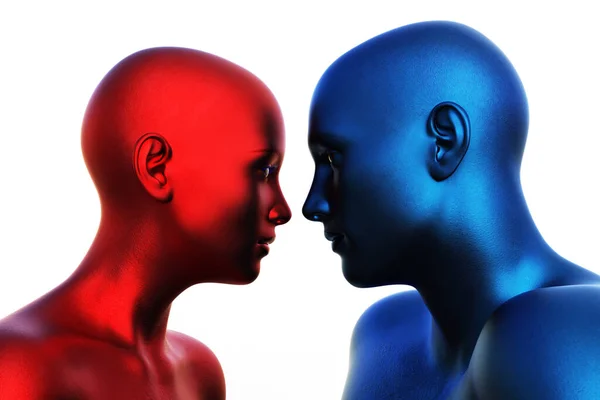 3d render. Portrait of blue bald man and red bald woman on white background