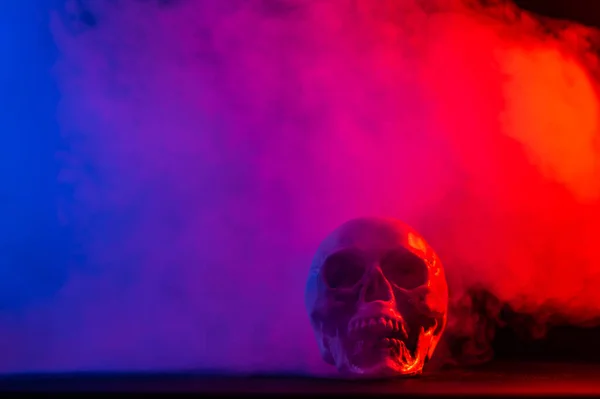 Menselijke Schedel Roze Blauwe Rook Een Zwarte Achtergrond Halloween — Stockfoto