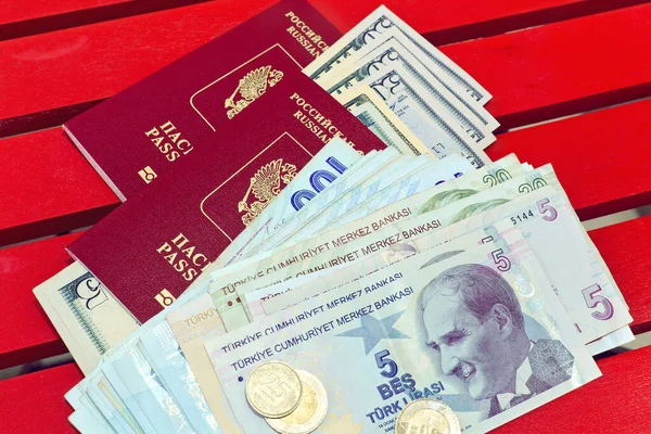 Russian Passports Turkish Lira American Dollars — Stock Photo, Image